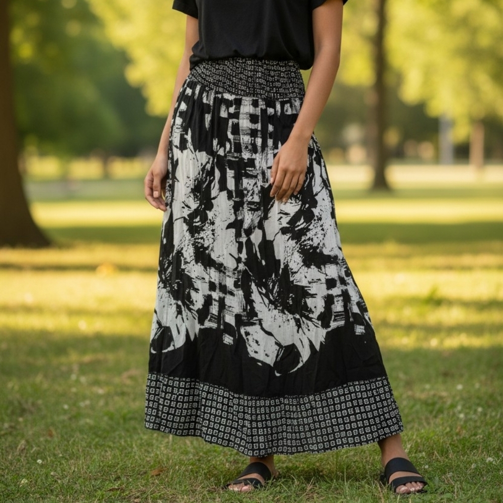 Women's Black & White Maxi Skirt - Smocked Waist XS NWT